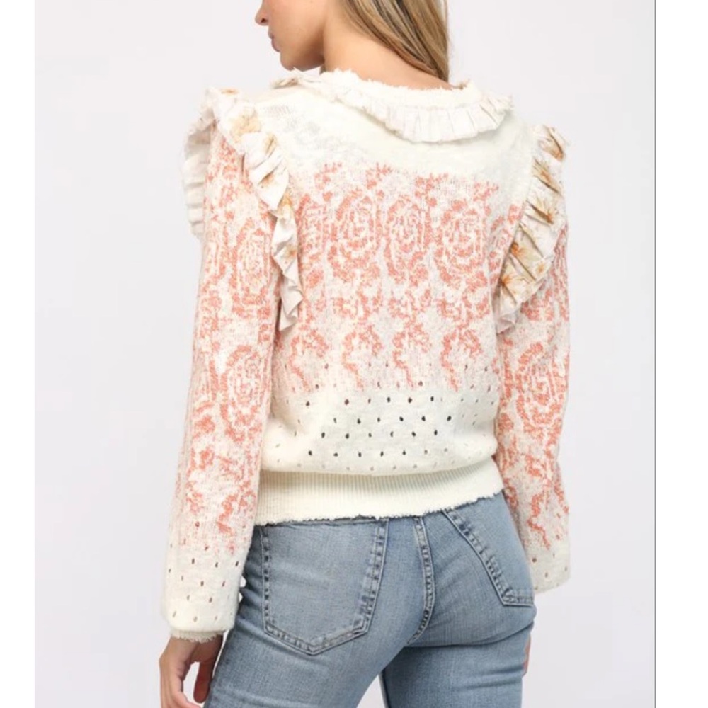 Ivory crochet knit ruffled trim floral flower boho bohemian sweater cardigan - Picture 8 of 15